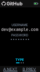 An entry's detail screen on a StickC Plus S3, with the password hidden.