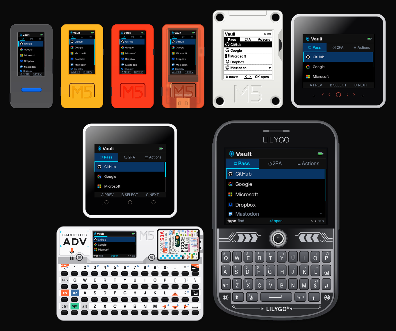 One firmware, nine boards. Drawn to scale from each board's measured case and screen: 24 × 48 mm for the smallest, 73 × 115 mm for the largest.
