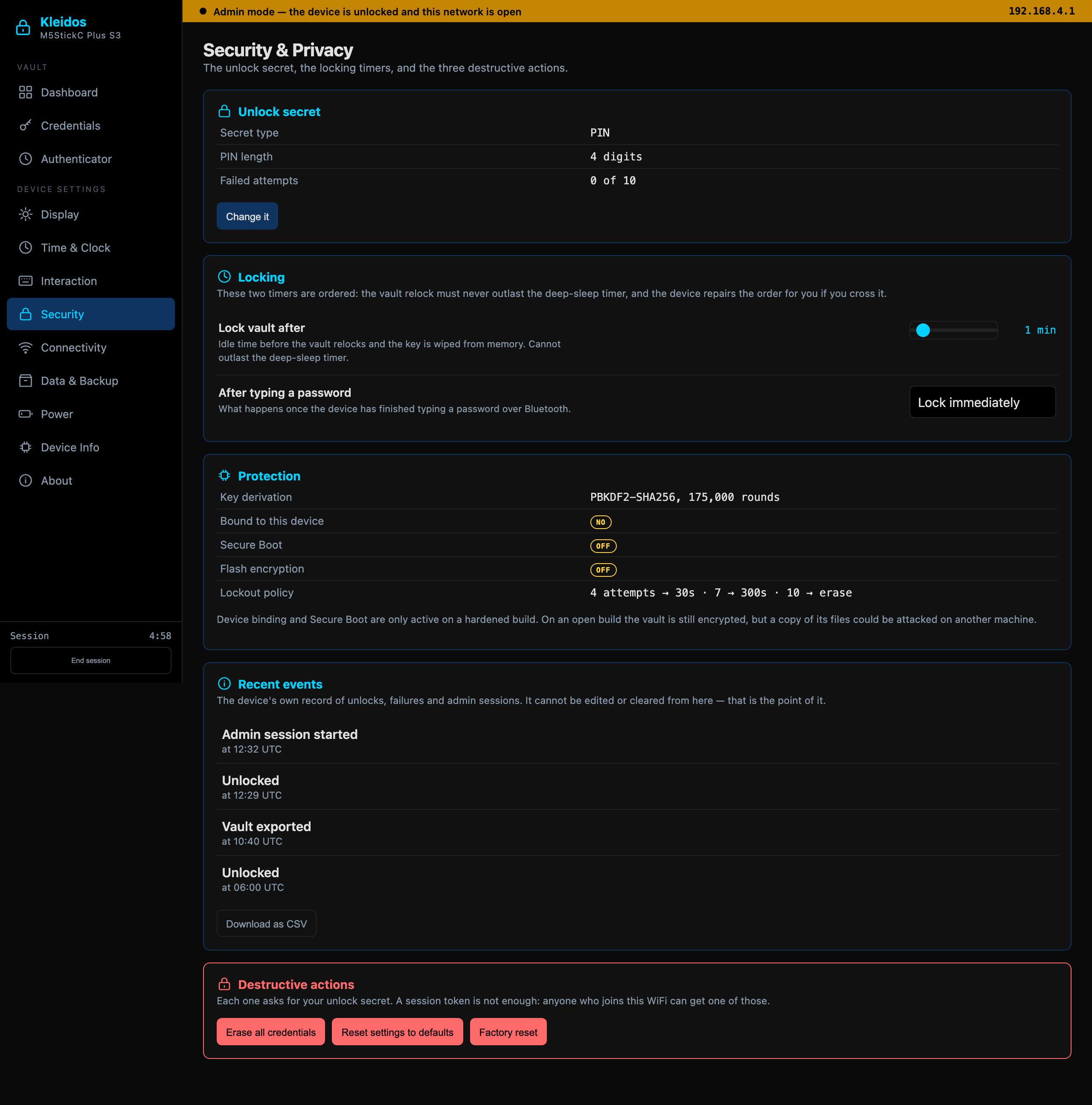 The admin panel's security page, showing the unlock secret, the locking timers and the three destructive actions.