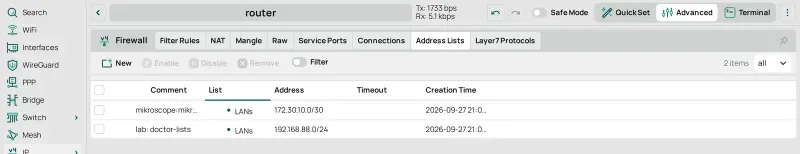 La pestaña Address Lists tras OK: 172.30.10.0/30 en LANs junto al rango LAN del router.