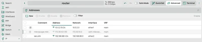 IP › Addresses tras OK: 172.30.10.1/30 en veth-mikroscope junto a las direcciones propias del router.