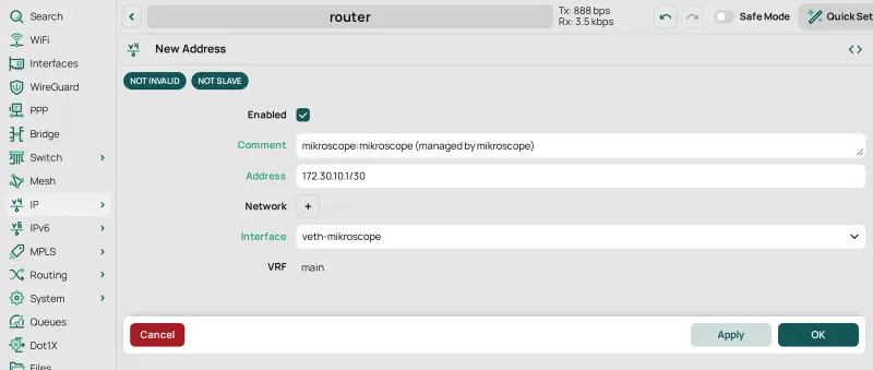 IP › Addresses › New Address: la etiqueta de mikroscope como Comment, Address 172.30.10.1/30 e Interface veth-mikroscope.