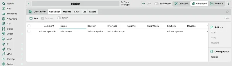 La pestaña Container con el tar ya extraído: una fila, con la etiqueta como Comment, su root dir, veth-mikroscope y mikroscope-env, y sin la marca R.
