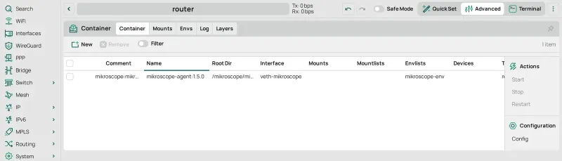 La pestaña Container al terminar la descarga: una fila, con la etiqueta como Comment, su root dir, veth-mikroscope y mikroscope-env, y sin la marca R.