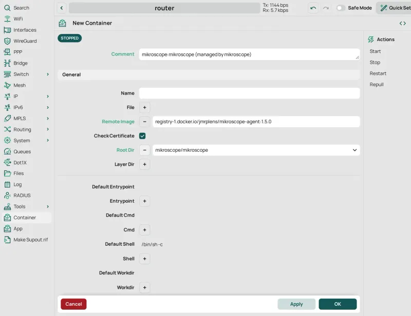 Container › New Container, parte superior del formulario: la etiqueta de mikroscope como Comment, Remote Image registry-1.docker.io/jmrplens/mikroscope-agent con la etiqueta de la versión y Root Dir mikroscope/mikroscope.