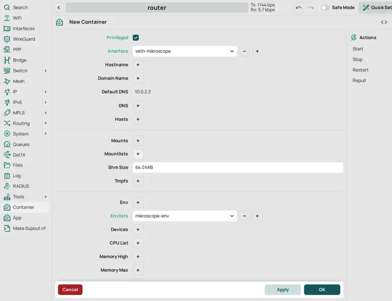 El mismo formulario más abajo: Privileged marcado, Interface veth-mikroscope y Envlists mikroscope-env.