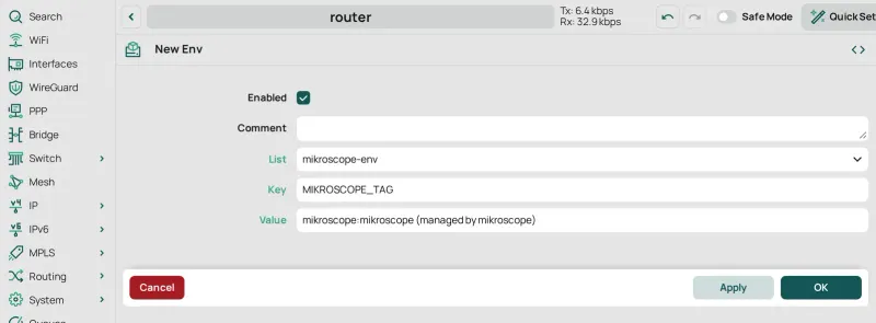 Container › Envs › New: List mikroscope-env, Key MIKROSCOPE_TAG y la etiqueta de mikroscope como Value.