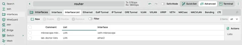 La pestaña Interface List tras OK: veth-mikroscope es miembro de LAN.