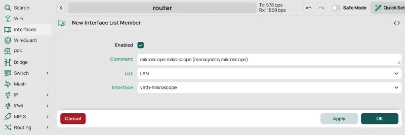 Interfaces › Interface List › New Interface List Member: List LAN, Interface veth-mikroscope y la etiqueta de mikroscope como Comment.
