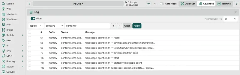 Log, filtrado por container: la descarga terminando y el contenedor arrancando.