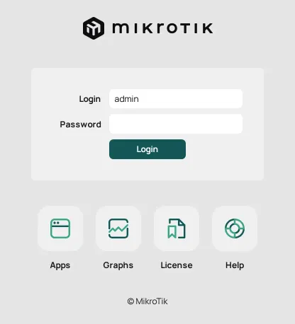La página de acceso de WebFig: Login admin, el campo Password vacío y el botón Login.