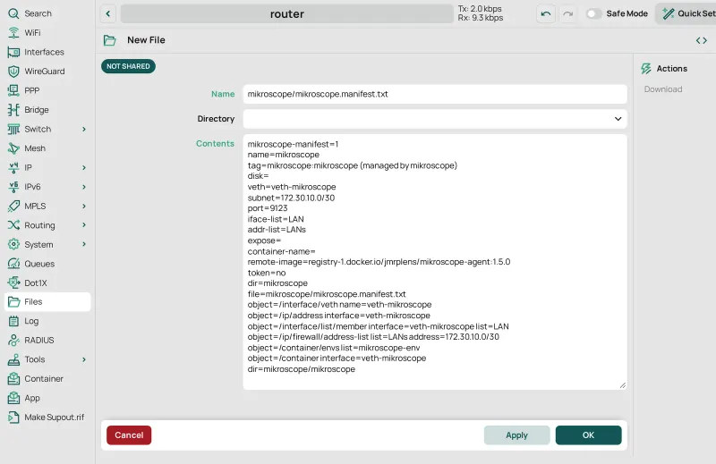 Files › New File: Name mikroscope/mikroscope.manifest.txt y, en Contents, el manifiesto, desde mikroscope-manifest=1 hasta dir=mikroscope/mikroscope.