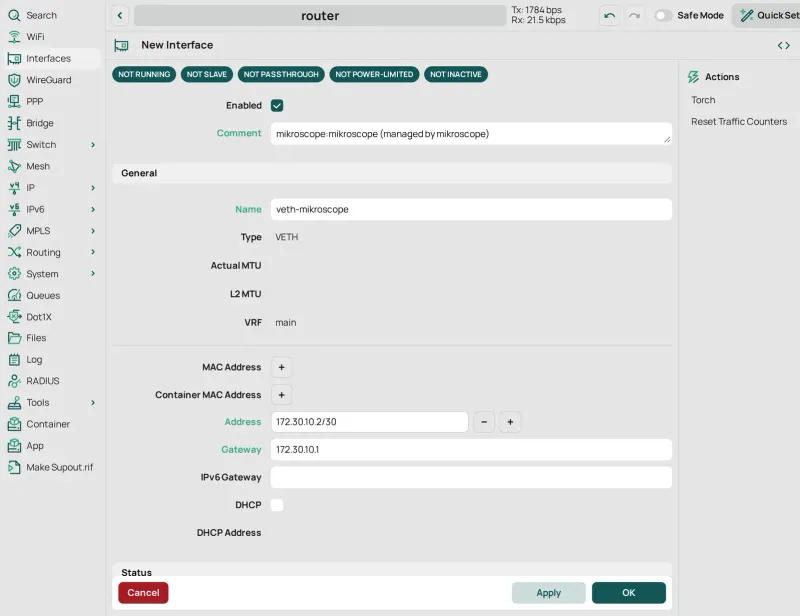 Interfaces › New Interface de tipo VETH: Comment es la etiqueta de mikroscope, Name veth-mikroscope, Address 172.30.10.2/30 y Gateway 172.30.10.1.